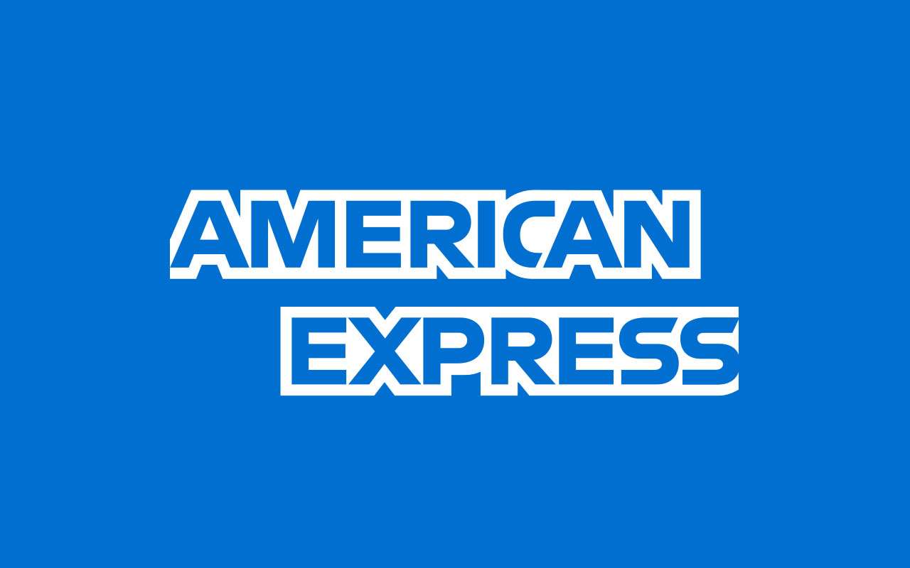 American Express wordmark in white on a blue background with bold outlined letters.