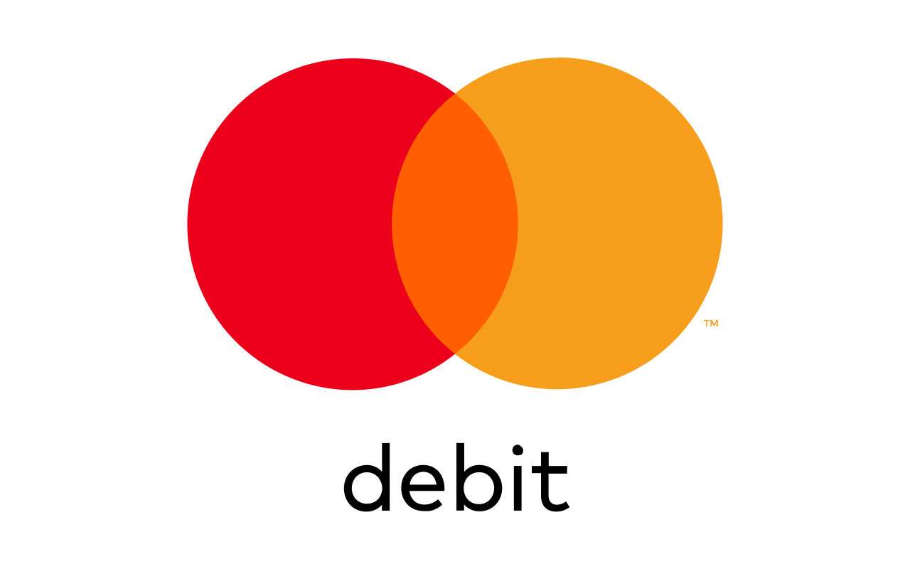 Mastercard debit logo: two overlapping red and orange circles with the word 'debit' beneath.